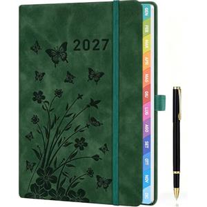 HwxBen Agenda Settimanale 2027 A5 con Penna - Planner Verde Mare Gen-Dic, Vista Settimanale, Etichette Mensili, Tasca Interna, Portapenne e Chiusura Elastico - Ideale per Scuola, Casa e Ufficio