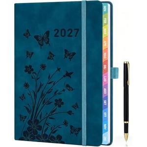 HwxBen Agenda Settimanale 2027 A5 con Penna - Planner Blu Pavone Gennaio-Dicembre, 1 Settimana su 2 Pagine, Etichette Colorate, Tasca e Portapenne - Per Studenti, Famiglia, Lavoro