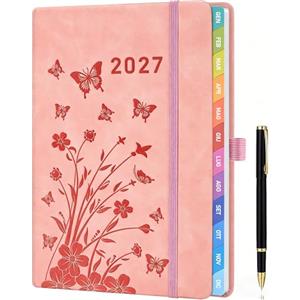 HwxBen Agenda Settimanale 2027 A5 con Penna - Diario Planner Rosa da Gennaio a Dicembre, con Etichette Mensili, Chiusura Elastico, Portapenne e Tasca - Perfetta per Scuola o Casa