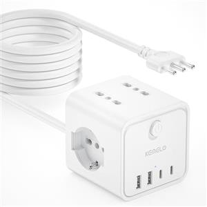 KEMELO Ciabatta Elettrica Multipresa con 4 Prese Universali 10/16A ITA e Schuko, 5 M Prolunga Elettrica con 2 USB A+2 USB C,Presa Multipla Spina Piatta Salvaspazio con Interruttori per Casa, Ufficio Nero