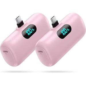 QODJN Mini Power Bank USB C 5000mAh, 15W PD Ricarica Rapida Powerbank Ultra Compatto Caricabatterie Portatile Batteria Esterna con LED Display per iPhone 17/16/15, Samsung, Huawei ecc (2 pièces)