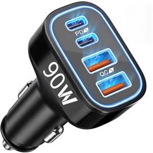 TIBEITA 90W 4-Porte Caricatore Auto USB C/A Caricabatterie Accendisigari Presa | 12V Adattatore Accessori Ricarica Rapida Auto Cellulare per Samsung S26/S25/S24 Ultra, iPhone 18/17/16/15 Pro Max Duo 17e Air