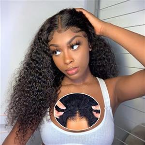 IFLY Half Wig Human Hair Deep Wave Parrucca per capelli umani Ricci 3 In 1 Drawstring Wear and Go Glueless Curly Wig Headband Human Hair Seamless Flip Over 180% Density Natural Black 18 Inches