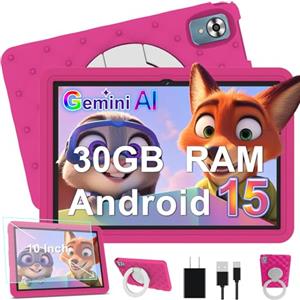 DMOAO Tablet Bambini 10 Pollici Android 15 con 30GB RAM, Wi-Fi 6, 64GB ROM(TF 2TB), Control Parental, Gemini AI, Octa-Core, 8MP+5MP, 6000mAh, Custodia Protettiva EVA + Supporto Girevole a 360°, Rosa