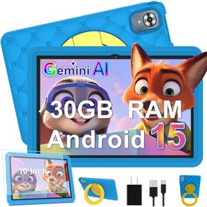 DMOAO Tablet Bambini 10 Pollici Android 15 con 30GB RAM, 5G Wi-Fi 6, 64GB ROM(TF 2TB), Control Parental, Gemini AI, Octa-Core, 8MP+5MP, 6000mAh, Custodia Protettiva EVA + Supporto Girevole a 360°, Blu