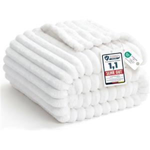 WAVVE Coperta Plaid Pile 150x200 cm, Coperta Letto Singolo/Letto Matrimoniale, Coperta di Flanella a Righe per Soggiorno, Letto, Coperta Divano Caldo Morbida, Bianco Puro