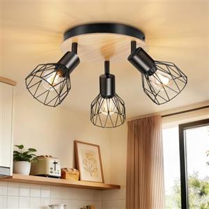 Dehobo E14 Faretti da Soffitto 3 Luci, Legno Orientabili Faretti Soffitto | Industriale Vintage Nero Modello Lampada da Soffitto Faretto da Parete Interno Senza Lampadina per Soggiorno Camera da Letto