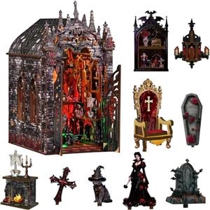 BATTREVO DIY book nook kit-Aastle oscuro-Buchstütze Aus Holz und 3D-Puzzle mit LED-Licht, bastelset erwachsene，book nook kit