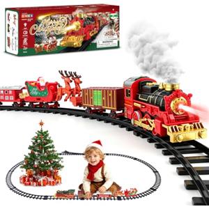 deAO Trenino Elettrico per Bambini con Luci, Musica ed Emissione di Vapore | Trenino Albero di Natale con 4 Vagoni, Addobbi Natalizi, Regalo per Compleanno o Natale, 3 4 5 6 7 Anni
