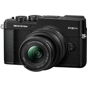 OM SYSTEM PEN Fotocamera Mirrorless Nera con Obiettivo 14-42mm F3.5-5.6 | Design compatto e tropicalizzato, mirino elettronico, autofocus AI rapido e stabilizzazione per foto di viaggio e quotidiane