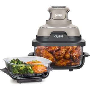 Ninja CRISPi, Friggitrice ad Aria in Vetro Compatta, 4 Funzioni, Tortora | 3,8 L, Senza Olio, 2 Contenitori, Piastre, Coperchi, Accessori Lavabili in Lavastoviglie, Ricette Versatili, FN101EUST