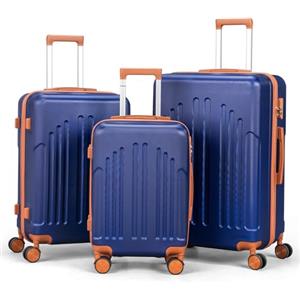 LEADZM Valigie Set 3 Pezzi (Blu Navy-Marrone) | Set Valigie Rigide in ABS, Luggage Suitcase Grande 23 kg con 4 Ruote Girevoli Doppie