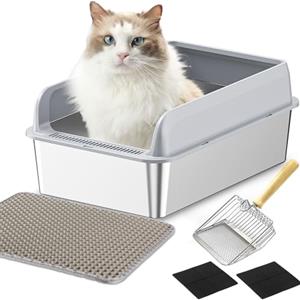 LADYSONS Lettiera per Gatti in Acciaio Inox, Grande, A Prova di Perdite, Facile da Pulire, Con Paletta e Tappetino, 50 x 35 x 20 cm