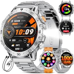 LIGE Smartwatch Uomo 1000mAh, Chiamate Bluetooth, Torcia LED, Schermo HD 1,7", 110+ Sport, Frequenza Cardiaca, IP68, Android iOS, 3 Bracciali + 2 Cavi di Ricarica