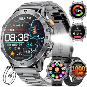 LIGE Smartwatch Uomo 1000mAh, Chiamate Bluetooth, Torcia LED, Schermo HD 1,7", 110+ Sport, Frequenza Cardiaca, IP68, Android/iOS, 3 Bracciali + 2 Cavi di Ricarica