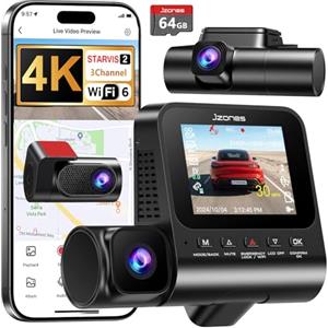 Jzones 3 Canale Dashcam Auto 4K, Visione Notturna STARVIS 2 e HDR | Dash cam Anteriore, Posteriore e Interna, Registrazione Loop, Parcheggio Sorvegliato 24H, WiFi6, GPS e Scheda SD 64GB Inclusa