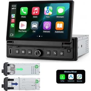 YZKONG Autoradio 1 DIN con schermo touch retrattile da 6,8 pollici, sistema Linux, CarPlay Android Auto wireless, Bluetooth FM USB AUX, Mirror Link
