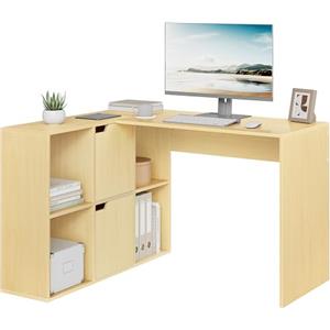 eSituro 120cm Scrivania Angolare a L con 4 Libreria + 2 Armadi, Scrivania ad Angolo da Ufficio con Ripiani, Tavolo da Lavoro Doppio Piano per Computer e Studio, Beige, 100 x 118 x 75 cm