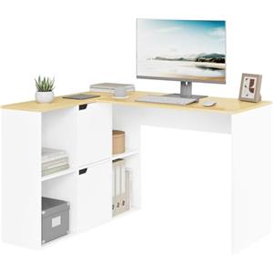 eSituro 120cm Scrivania Angolare a L con 4 Libreria + 2 Armadi, Scrivania ad Angolo da Ufficio con Ripiani, Tavolo da Lavoro Doppio Piano per Computer e Studio, Bianco+Beige, 100x118x75 cm