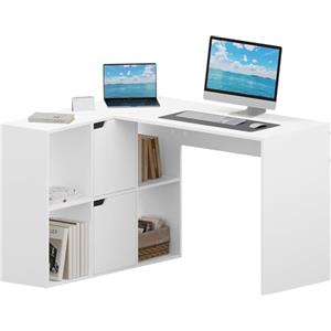 eSituro Scrivania Angolare a L con Libreria, 120 x 100 cm, Bianca | 4 Scomparti Libreria, 2 Armadi, Doppio Piano, per Computer e Studio