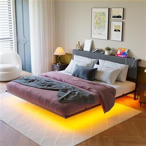 HOMERECOMMEND letto matrimoniale, 140 x 200 cm, effetto visivo fluttuante, illuminazione LED, doppio telaio, 140 x 200 cm, spazio di archiviazione integrato, testata alta, grigio scuro