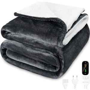 MYCARBON Coperta Elettrica 180x160cm, 6 Livelli Calore, Timer 9h, Lavabile | Termocoperta Temperature da 30°C a 45°C, Coperta Termica Riscaldante Matrimoniale Basso Consumo(Grigio Scuro)