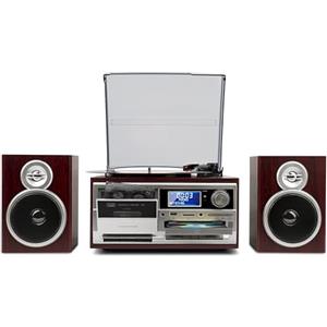 Trevi TT 1072 DAB Giradischi Vintage 25W Tre Velocità (33, 45, 78 Giri) con CD, USB, AUX-IN, Cassette e Radio Digitale, Impianto Stereo All-in-One con Funzione Encoding e Presa Cuffia, Legno