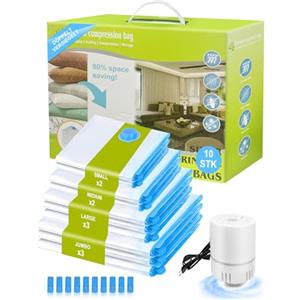 NATNAV 10 Sacchetti Sottovuoto per Vestiti con Pompa Elettrica | 3 Jumbo, 3 Grandi, 2 Medi, 2 Piccoli, Pompa Elettrica, Chiusura Ermetica, per Viaggi, Traslochi e Vestiti