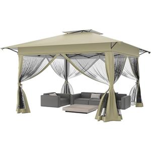 FIVMEN Gazebo pop-up 4 x 4, stabile, resistente all'inverno, pieghevole, regolabile in altezza, con doppio tetto e 4 zanzariere laterali, gazebo da giardino con borsa per il trasporto, colore cachi