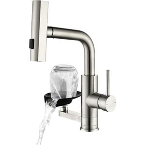 Mynaiad Rubinetto lavello Cucina Miscelatore Lavaglassi Estraibile 3 Getti | Rubinetto Cucina con Doccetta Estraibile Mynaiad Lavaglassi,360°,Acciaio 304 Spazzolato per Cucina Bar Bagno