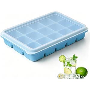 Azxb Vaschetta per cubetti di ghiaccio con coperchio, 1 confezione da 15 cubetti, facilmente staccabile, impilabile, in silicone flessibile, per congelatore con coperchio in silicone rimovibile