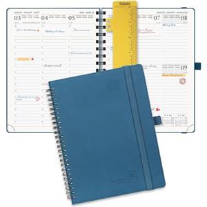 POPRUN Agenda Pianificatore Settimanale 2026 2027 Spirale 16,4 x 21,8 cm | 17 Mesi da Ago.2026 a Dic.2027, Righello Plastica, Copertina Morbida Pelle Vegana, Carta Spessa 80 GSM(Blu Notte)
