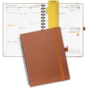 POPRUN Agenda Pianificatore Settimanale 2026 2027 Spirale 16,4 x 21,8 cm | 17 Mesi da Ago.2026 a Dic.2027, Righello Plastica, Copertina Morbida Pelle Vegana, Carta Spessa 80 GSM(Marrone)