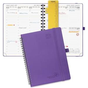 POPRUN Agenda Pianificatore Settimanale 2026 2027 Spirale 16,4 x 21,8 cm | 17 Mesi da Ago.2026 a Dic.2027, Righello Plastica, Copertina Morbida Pelle Vegana, Carta Spessa 80 GSM(Viola)
