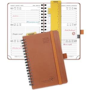 POPRUN Agenda Settimanale 2026 2027 Spirale Piccola A6(10 x 15,6cm) | 17 Mesi da Ago.2026 a Dic.2027, Copertina Morbida in Pelle Vegana, Carta Spessa da 80 GSM(Marrone)