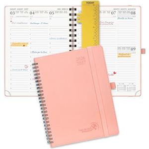 POPRUN Agenda Pianificatore Settimanale 2026 2027 Spirale 16,4 x 21,8 cm | 17 Mesi da Ago.2026 a Dic.2027, Righello Plastica, Copertina Morbida Pelle Vegana, Carta Spessa 80 GSM(Rosa)