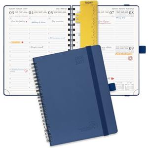 POPRUN Agenda Pianificatore Settimanale 2026 2027 Spirale 16,4 x 21,8 cm | 17 Mesi da Ago.2026 a Dic.2027, Righello Plastica, Copertina Morbida Pelle Vegana, Carta Spessa 80 GSM(Blu Marino)
