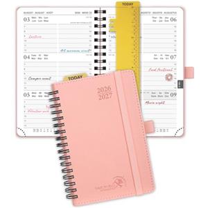 POPRUN Agenda Settimanale 2026 2027 Spirale Piccola A6(10 x 15,6cm) | 17 Mesi da Ago.2026 a Dic.2027, Copertina Morbida in Pelle Vegana, Carta Spessa da 80 GSM(Rosa)