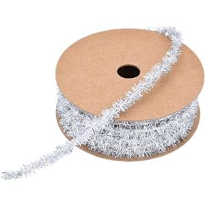 BrightGlow Ghirlanda di tinsel natalizia, sottile, mini ghirlanda di tinsel natalizie, nastro decorativo lucido, sottile, per regalo, albero di Natale, 8 mm, argento, 10 yard