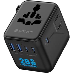 decqle "Pro" Adattatore Universale da Viaggio, con 3 USB-C(28W) e 2 USB-A | Presa Universale da Viaggio, NON è Un Convertitore di Tensione, per UE/Regno Unito/Stati Uniti/Australia e 200+ Paesi(nero)
