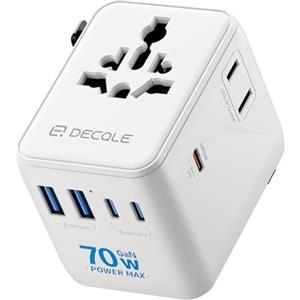 decqle "Pro" Adattatore Universale da Viaggio con 3 USB-C(GaN 70W)＆ 2 USB-A | Presa Universale da Viaggio, NON è Un Convertitore di Tensione, per UE/Regno Unito/Stati Uniti/Australia e 200+ Paesi(bianca)