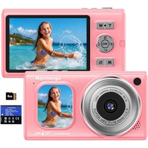 Maxmango D71 16FT Macchina Fotografica Subacquea, Fotocamera Impermeabile 4K 48MP con Galleggiante, Doppio Schermo e Zoom 18X, Autofocus per Snorkeling Nuoto Surf, Batteria Rimovibile 1500mAh, Rosa