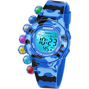 SOCICO Orologio digitale per bambini, resistente all'acqua 5ATM, orologio per bambini illuminato a 7 colori con sveglia e cronometro per bambine e bambini dai 5 ai 12 anni.