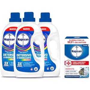 Napisan Kit Lavatrice, Detersivo Lavatrice Liquido Igienizzante Capi Colorati - 69 Lavaggi, 1 Cura Lavatrice Disinfettante da 250ml.