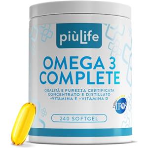 +LIFE Omega 3 IFOS 5 Stelle Certificato Con Vitamina D3 e E PiùLife, 240 Softgel | Fino a 5 al giorno, 2000 mg EPA e 1000 mg DHA Dose, Olio di Pesce Puro (Fish Oil), Vitamina D 2000 UI, Cuore Cervello e Vista