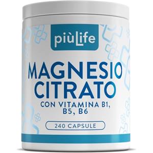 +LIFE Magnesio Citrato PiùLife con Vitamine B1 B5 B6, 240 Capsule | 3 al giorno, 1500 mg di Citrato di Magnesio di cui 450 mg per dose, Funzione Muscolare, Metabolismo Energetico, Senza Glutine