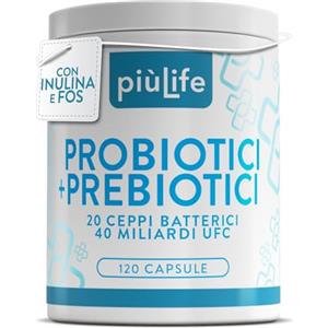 +LIFE Fermenti Lattici Probiotici e Prebiotici Inulina e FOS PiùLife, 120 Capsule | 2 al giorno, 40 Miliardi UFC Dose, 20 Ceppi, Probiotici per Intestino, Gonfiore Addominale, Senza Glutine e Lattosio