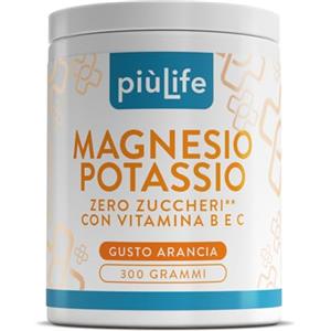 +LIFE Magnesio e Potassio Senza Zucchero, Gusto Arancia PiùLife, 300 g | Con B1 B6 B12, Acido Folico e Vitamina C, Stanchezza e Affaticamento, Muscoli e Sistema Nervoso, Magnesio in Polvere