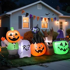 Wothfav 250CM Halloween Decorazioni Esterno Gonfiabile Zucca Halloween Luminosa | Gatto Nero Zucche Inflatable Halloween Decorazione con LED Integrati per Prato Giardino Cortile Outdoor