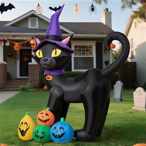 Wothfav 180CM Gatto Nero Halloween Gonfiabili Decorazioni - Gatto Gonfiabile con Cappello da Strega e luci LED Incorporate - Blow Up Halloween Decorazioni Esterno per Prato Giardino Cortile